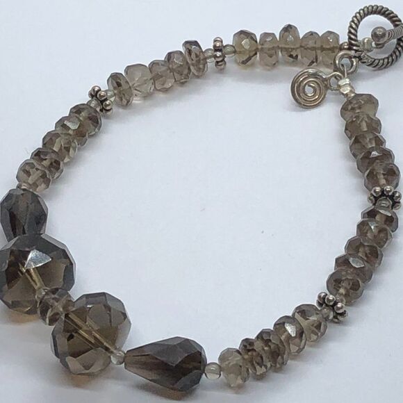 Unique Vintage Sterling Silver & Brown Smoky Quartz Gemstone Bead Bracelet - Picture 4 of 6